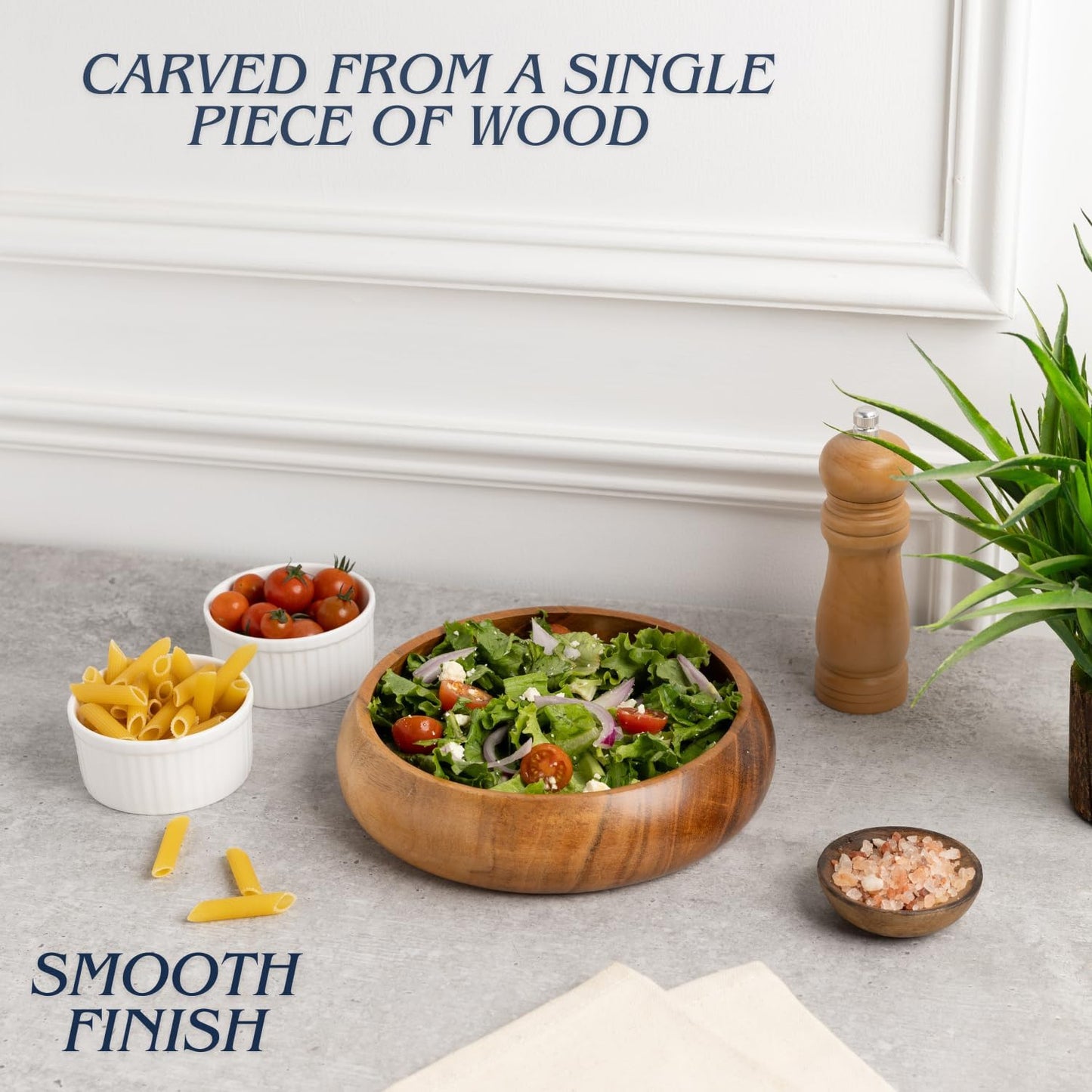Acacia Wooden Salad Bowls Set of 2, Large Individual Bowls 8 X 2 Inches (25 Oz) with Food Safe Wood Coating | Jointless Plates Type Wood Bowl for Food