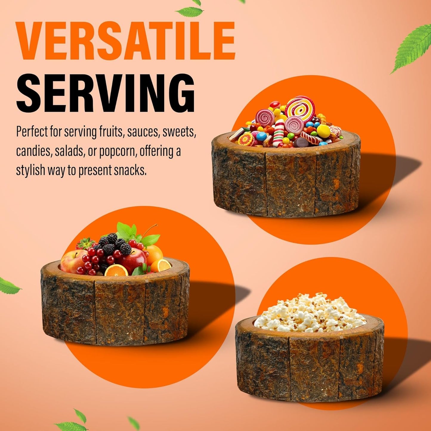 Wooden Salad Bowl Set – round Mango Wood Bowls with Tree Bark for Salad, Fruits & Food, Decorative Kitchen Bowls (Set of 3)