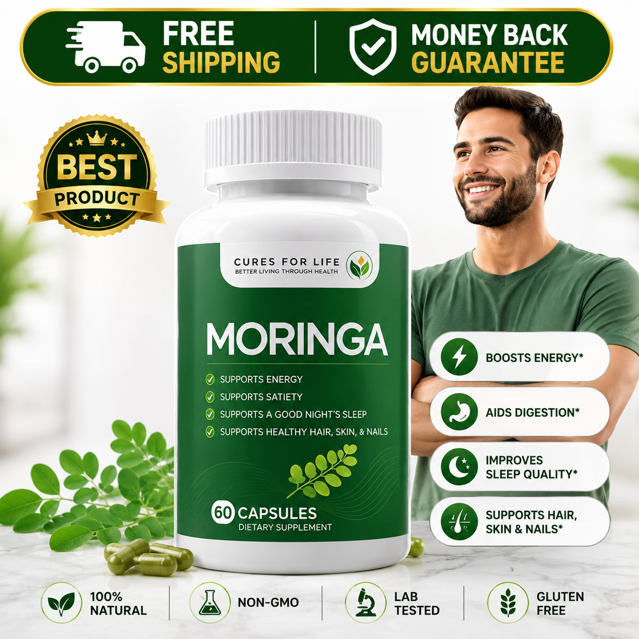 Cures For Life Moringa Capsules 6000mg with pure leaf extract for daily wellness support.