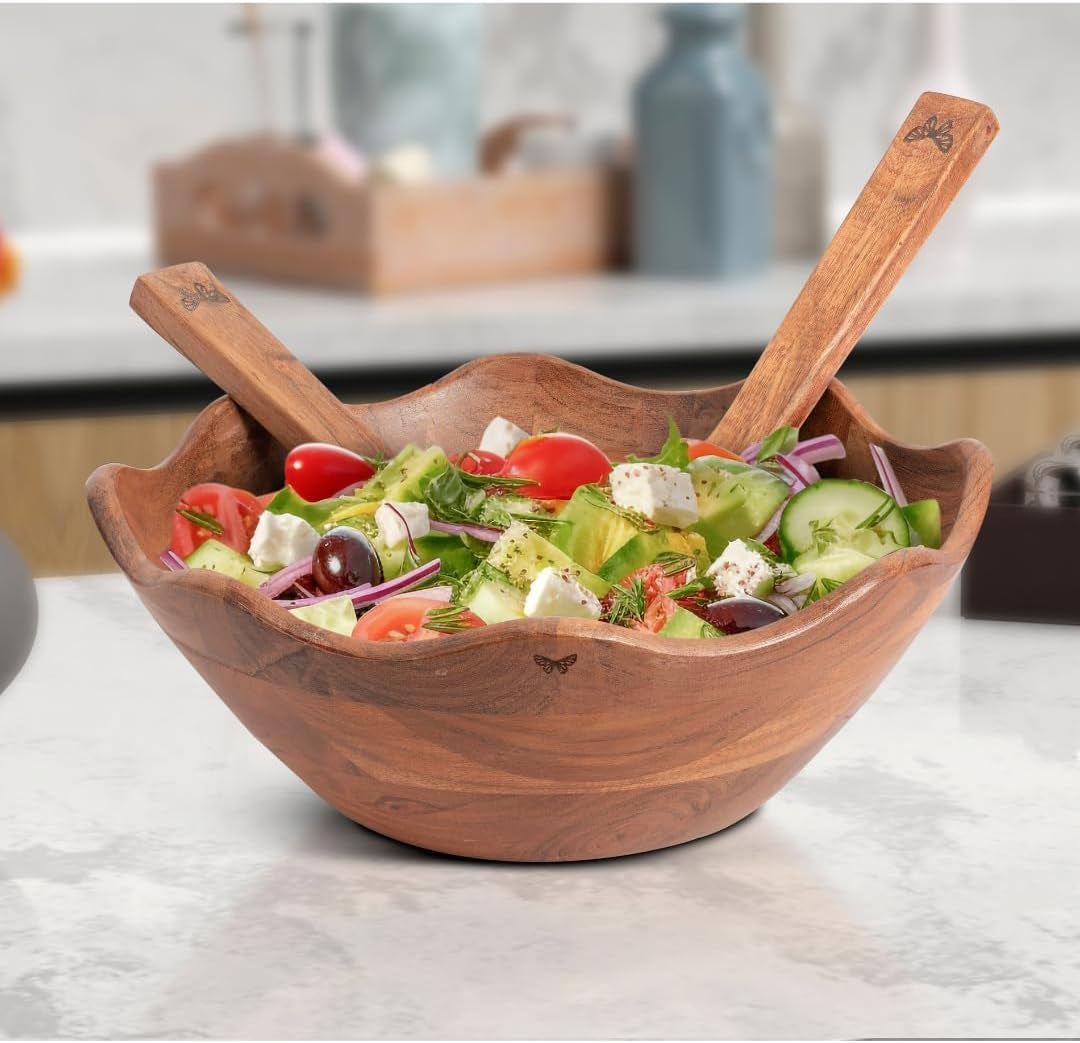 Melvvi Large Wooden Salad Bowl Set – 12" Acacia Wood Serving Bowl with 2 Utensils | Scratch-Resistant - for Salad, Pasta & Fruits | Great Fathers Day Gift for Kitchen & Dining (Natural Wooden)