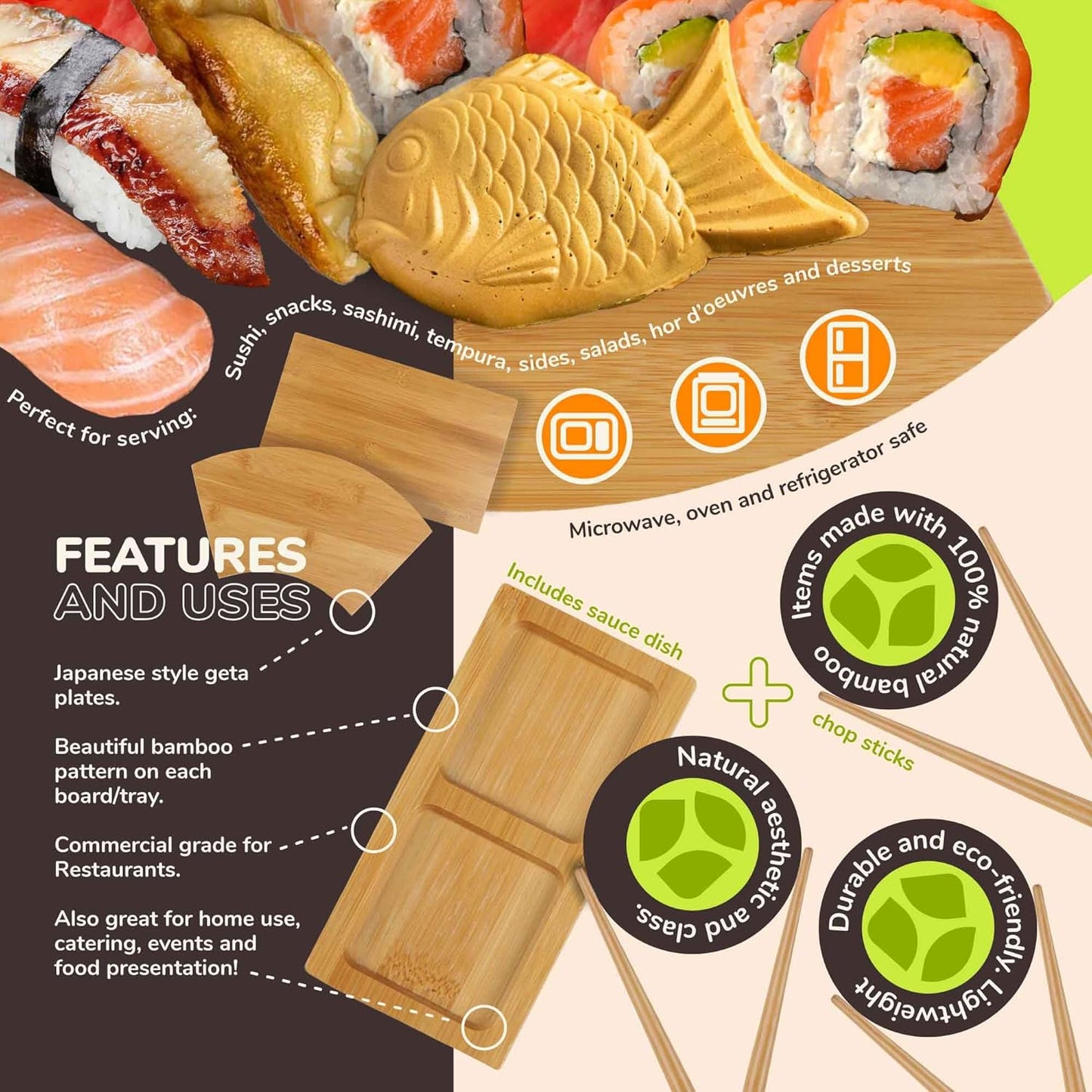 Bamboomn Bamboo Sushi Plate/Tray, Chopsticks and Compartment Sauce Dish, 8.3" Rectangle - 4 Sets