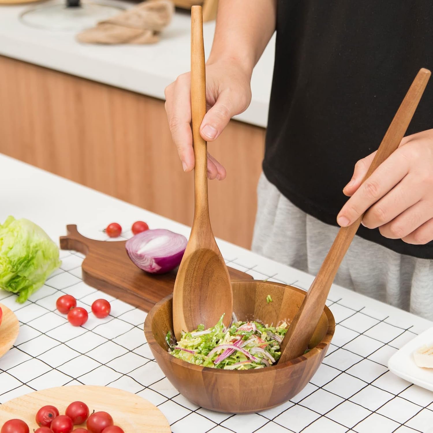 2PCS Acacia Wooden Spoons for Cooking-14 Inch Smooth Finish Cooking Spoons-Comfortable Grip Wood Spoons for Cooking - Non-Stick Cooking Utensils (Spoon + Corner Spoon)