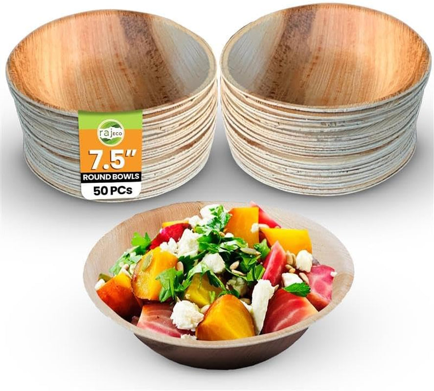 Raj Disposable Palm Leaf Bowls (50 Count, 6" Bowls) Strong Bowl like Bamboo Party Bowl - Decorative Compostable Tableware for Lunch, Dinner, Birthday, Outdoor, BBQ, Picnic, Parties