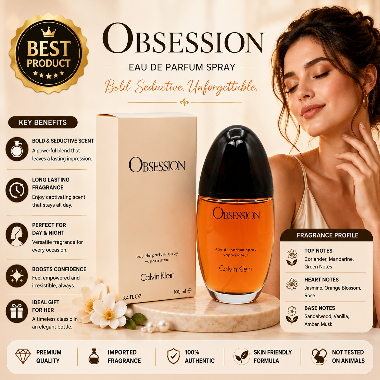 Calvin Klein OBSESSION Women's Perfume warm sensual fragrance 3.4 oz