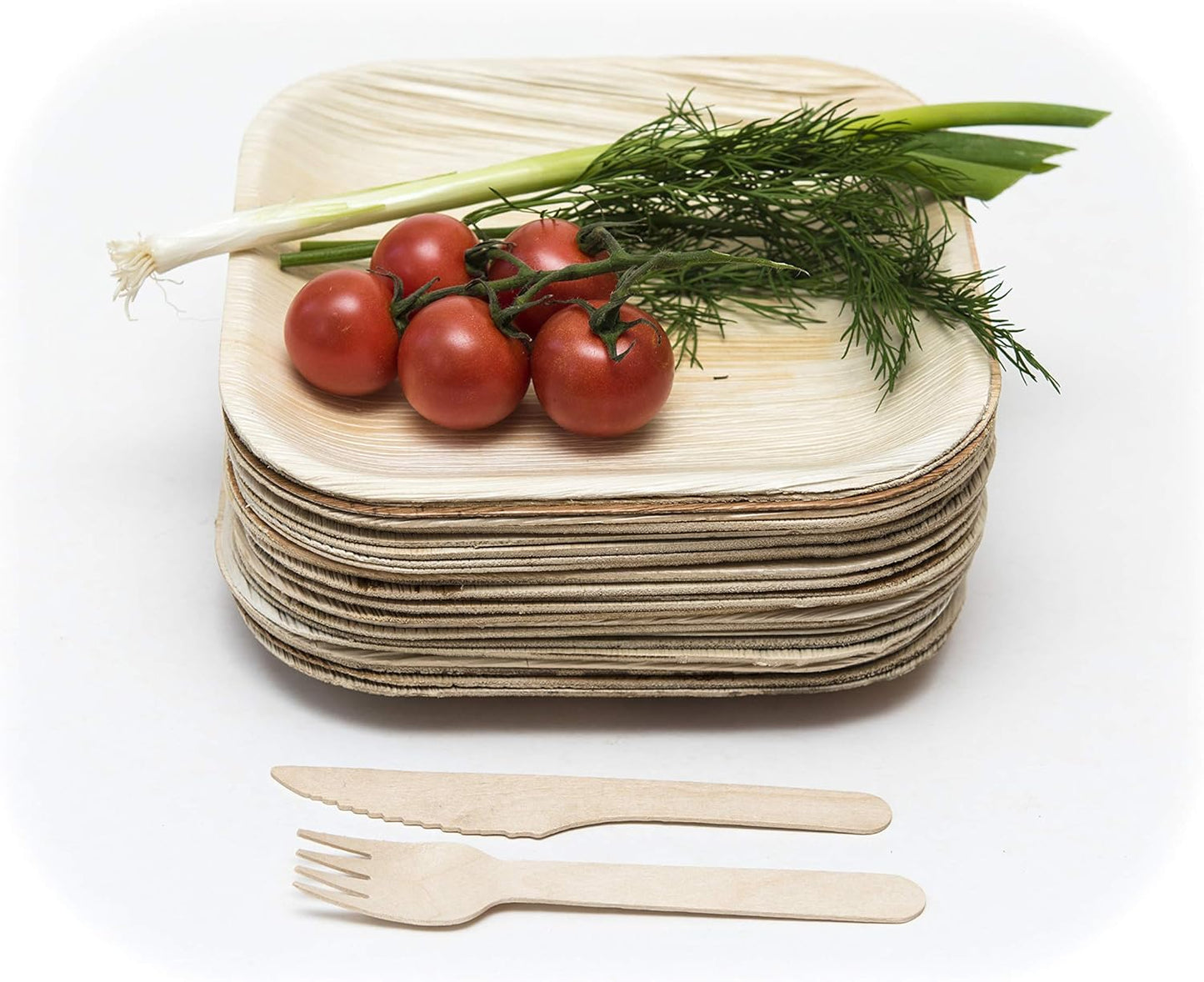 Disposable Bamboo Plates with Cutlery – 150Pc 8 Inch Square Plates Set with 50 Wooden Knives and Forks – Biodegradable Nature-Friendly
