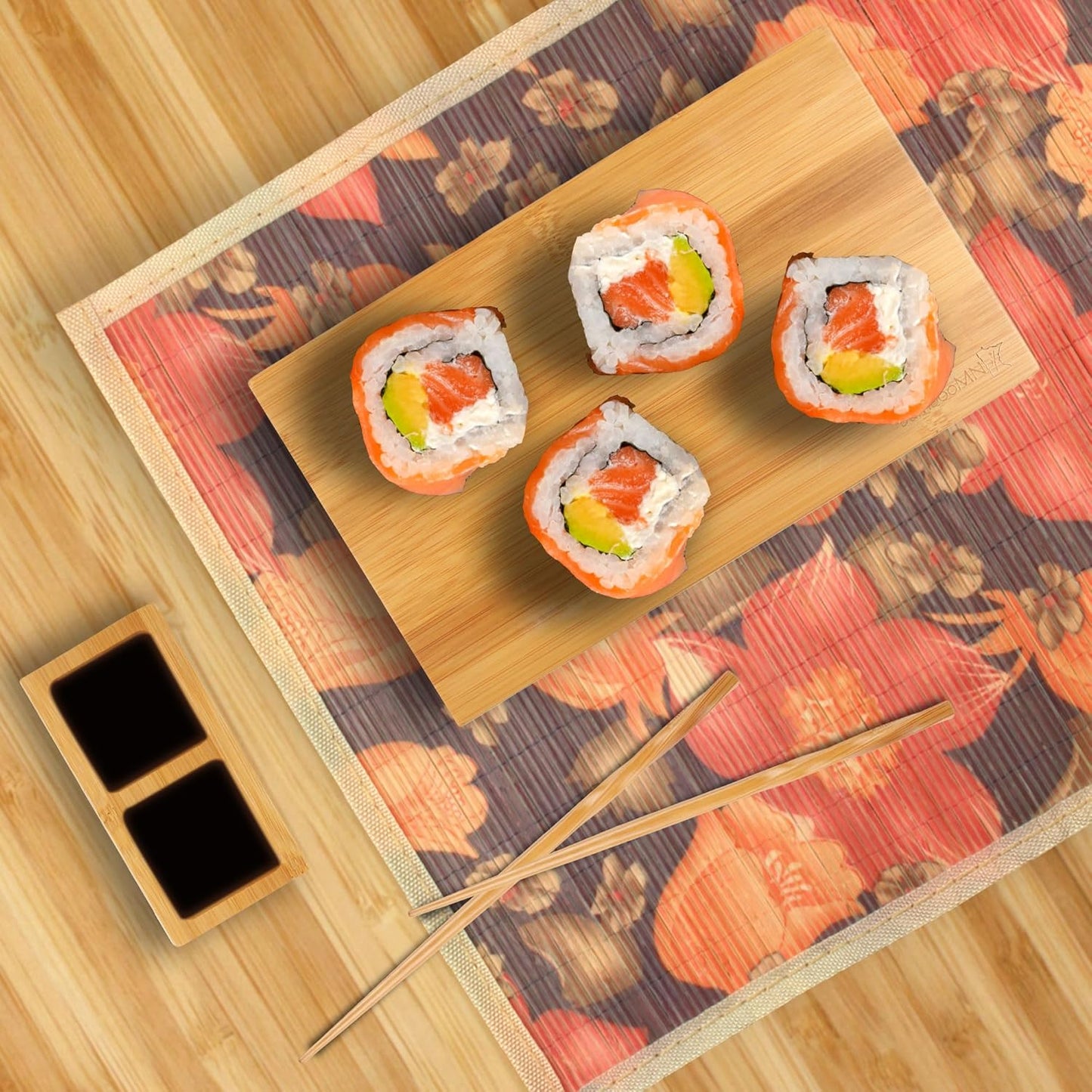 Bamboomn Bamboo Sushi Plate/Tray, Chopsticks and Compartment Sauce Dish, 8.3" Rectangle - 4 Sets