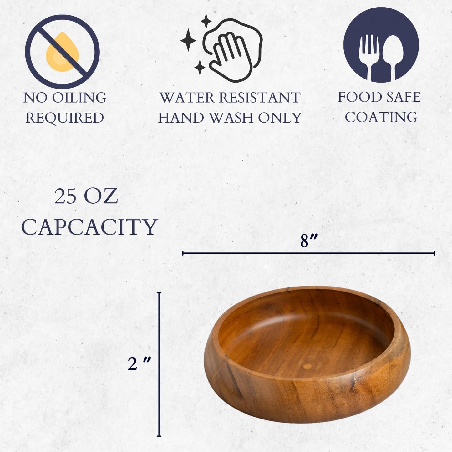 Acacia Wooden Salad Bowls Set of 2, Large Individual Bowls 8 X 2 Inches (25 Oz) with Food Safe Wood Coating | Jointless Plates Type Wood Bowl for Food