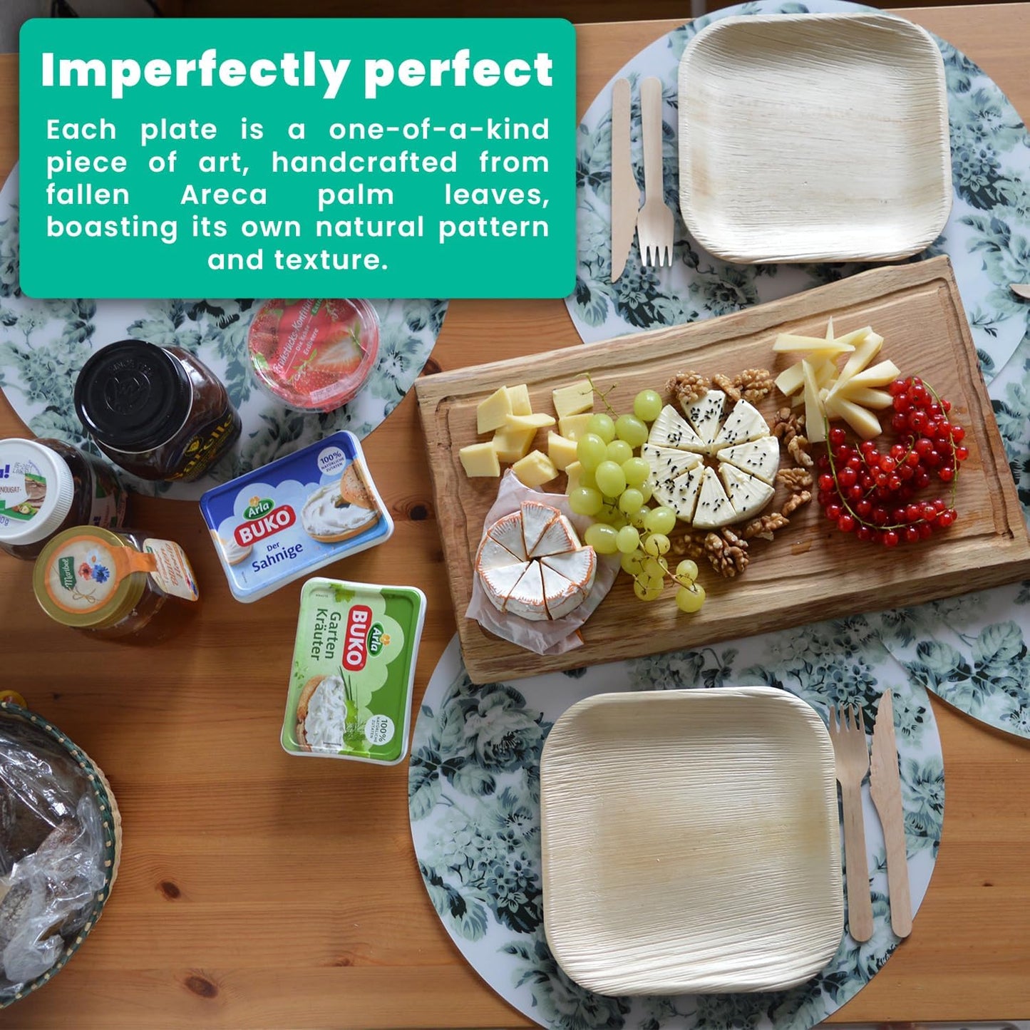 Disposable Bamboo Plates with Cutlery – 150Pc 8 Inch Square Plates Set with 50 Wooden Knives and Forks – Biodegradable Nature-Friendly