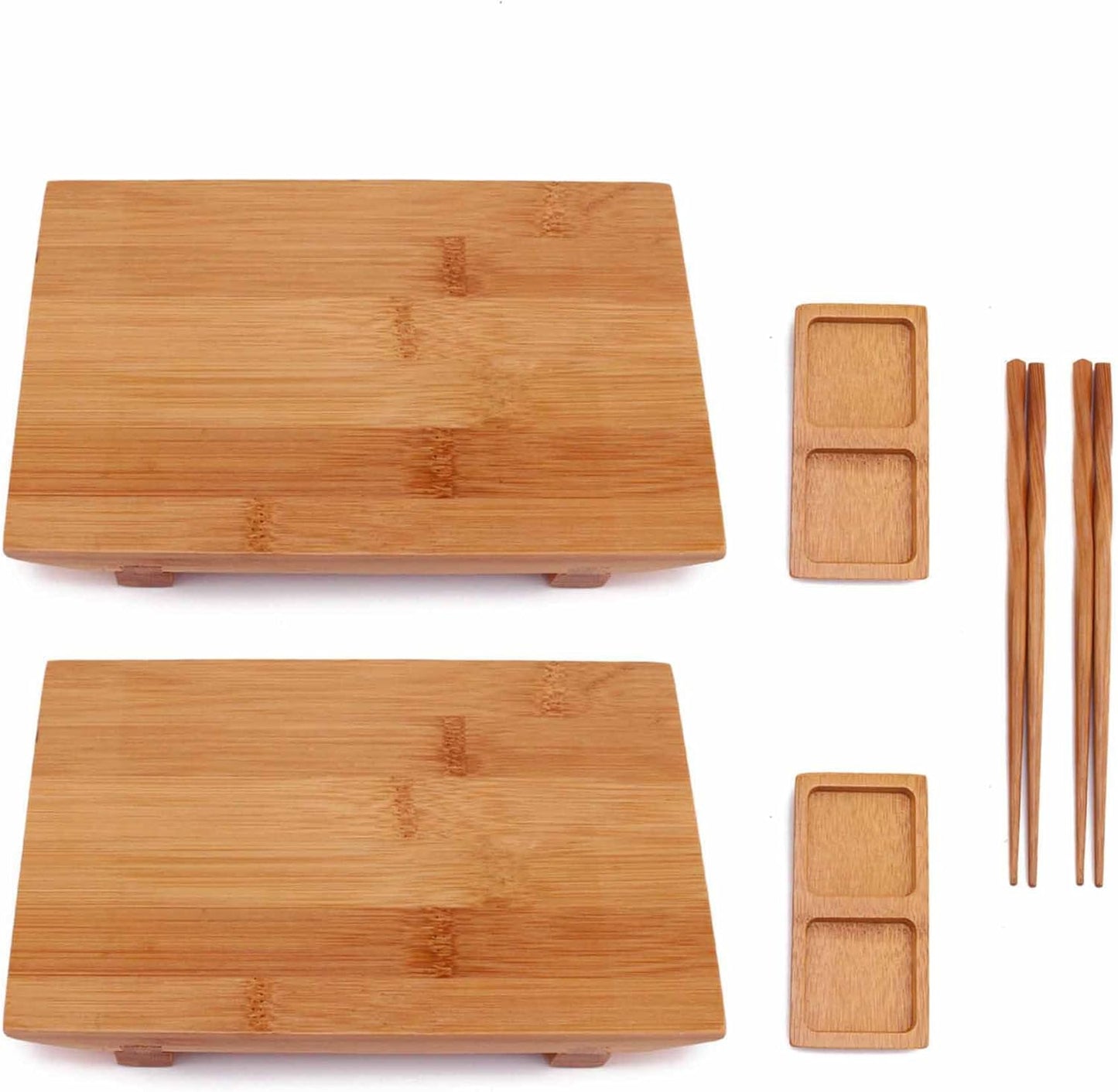 Bamboomn Bamboo Sushi Plate/Tray, Chopsticks and Compartment Sauce Dish, 8.3" Rectangle - 4 Sets