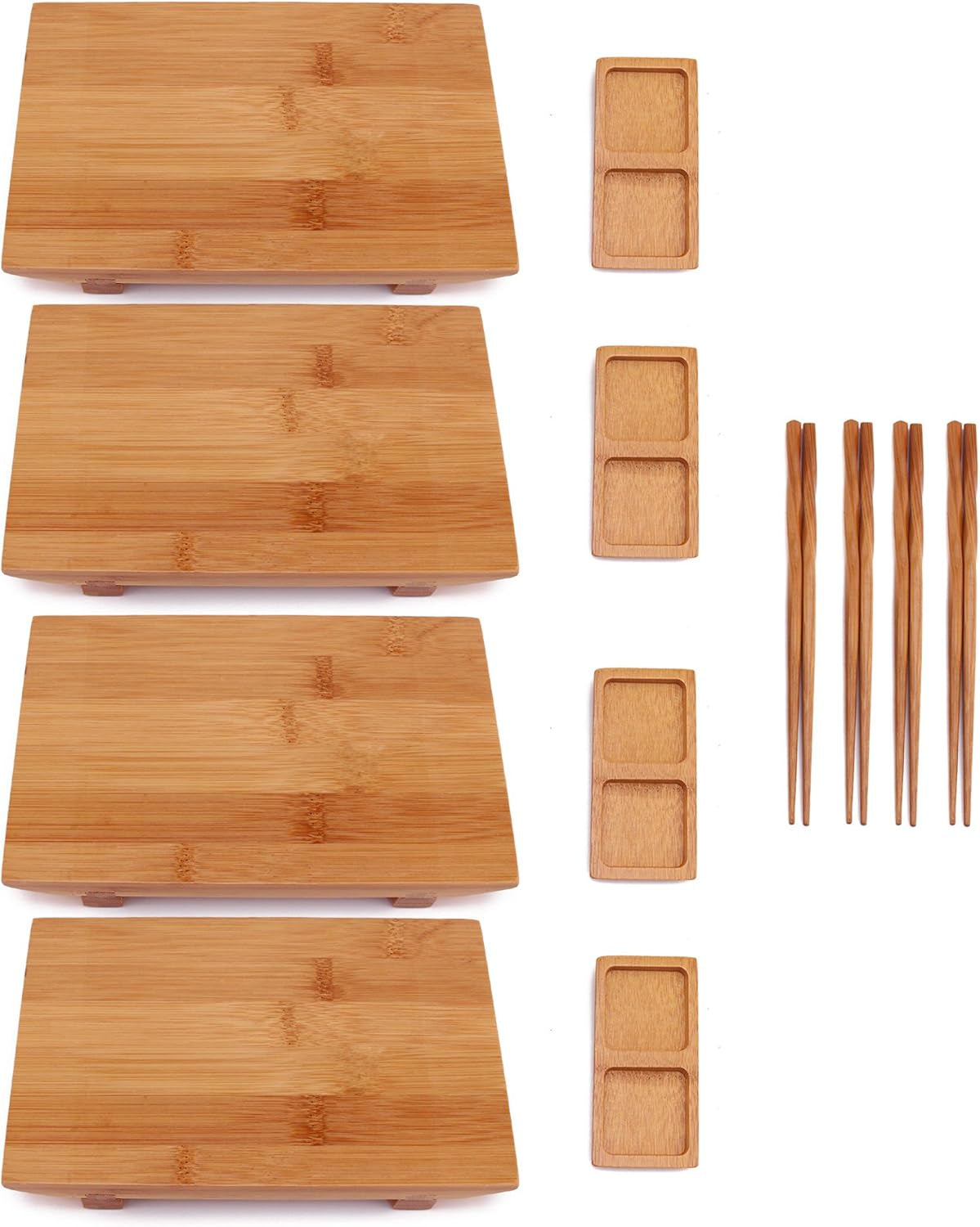 Bamboomn Bamboo Sushi Plate/Tray, Chopsticks and Compartment Sauce Dish, 8.3" Rectangle - 4 Sets