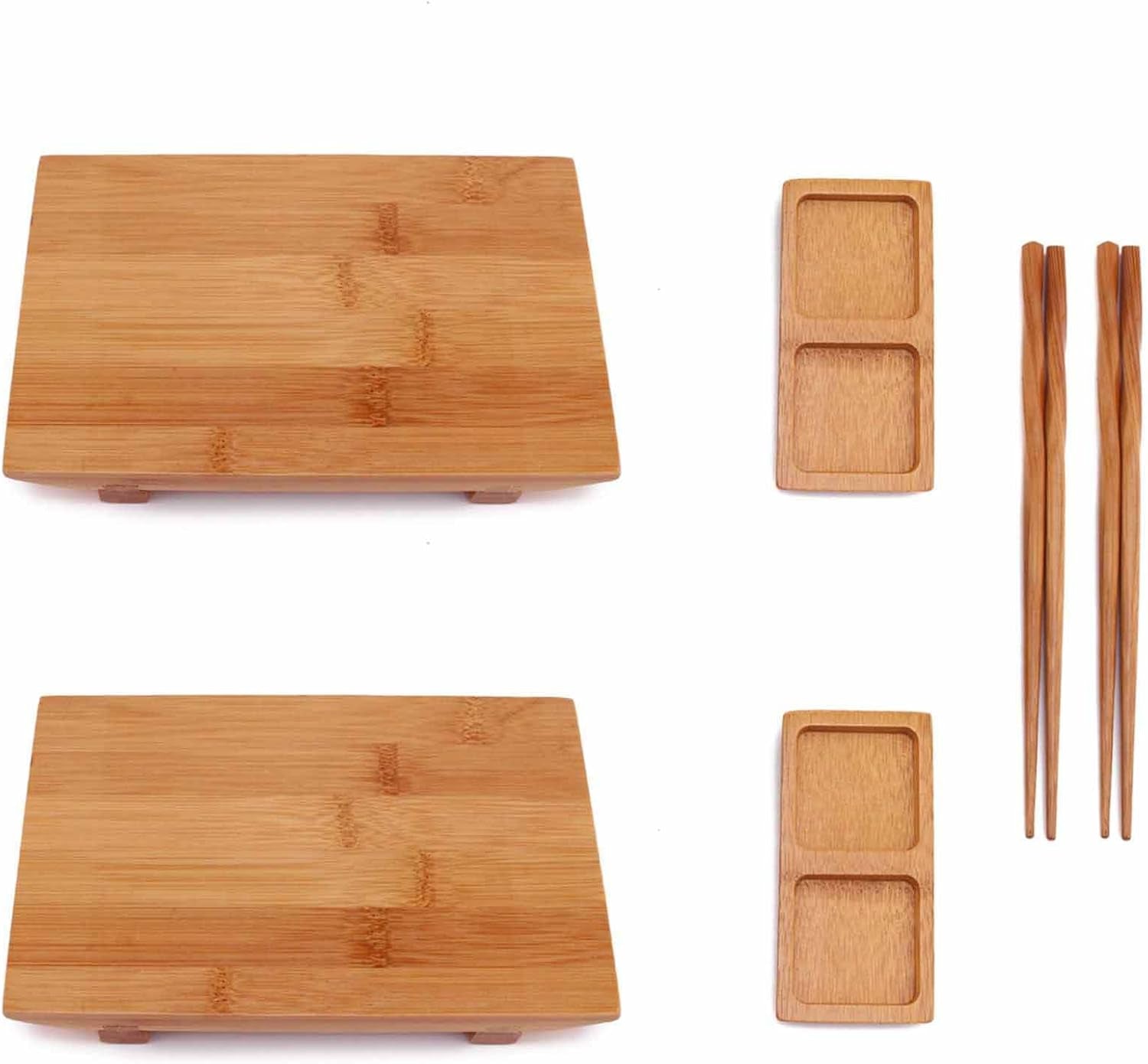 Bamboomn Bamboo Sushi Plate/Tray, Chopsticks and Compartment Sauce Dish, 8.3" Rectangle - 4 Sets