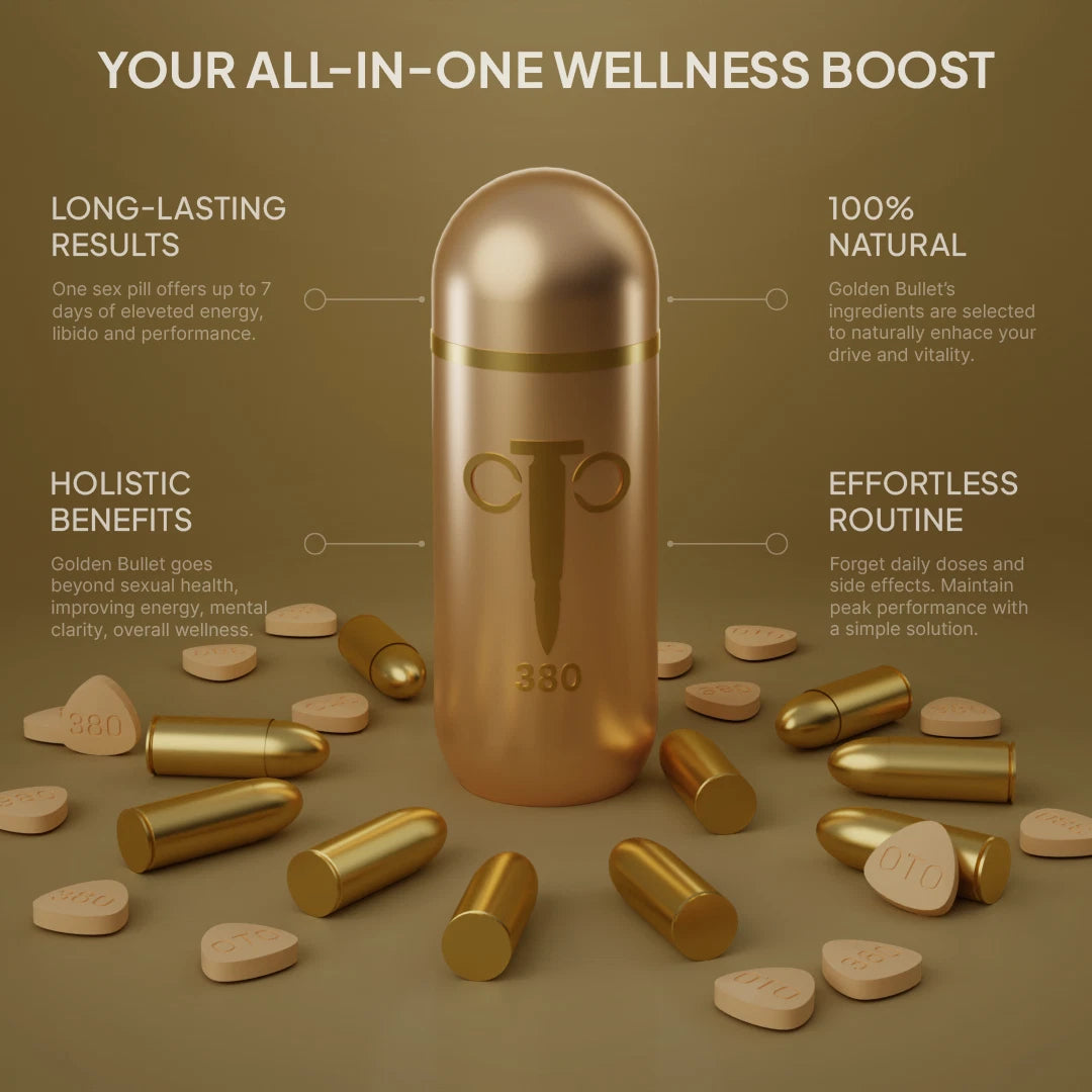 A golden capsule pill bottle labeled '380' stands centered on a warm taupe background, surrounded by scattered gold capsules and beige tablets. Text around the bottle reads 'YOUR ALL-IN-ONE WELLNESS BOOST' and highlights long-lasting results, natural ingredients, holistic benefits, and effortless routine use.