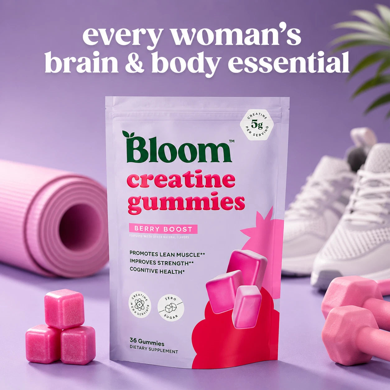 Bloom Creatine Gummies for women supporting muscle strength, energy, and cognitive health