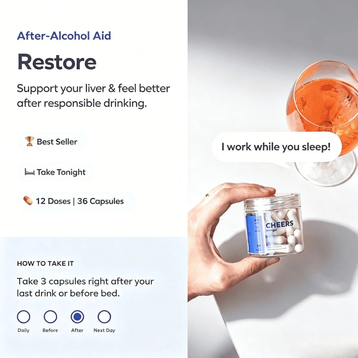 Cheers Restore 36 capsules with Dihydromyricetin and L-Cysteine for daily wellness.