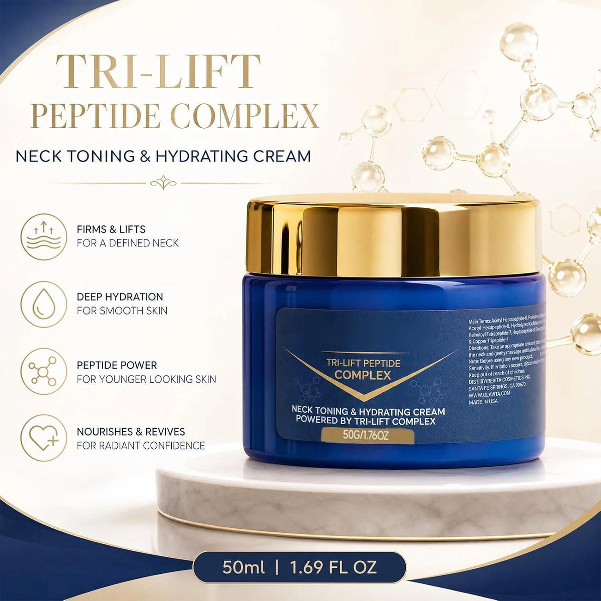 An opened 1.76oz jar of Tri-Lift Peptide Cream showcasing its rich texture designed to firm, lift, and hydrate facial skin.