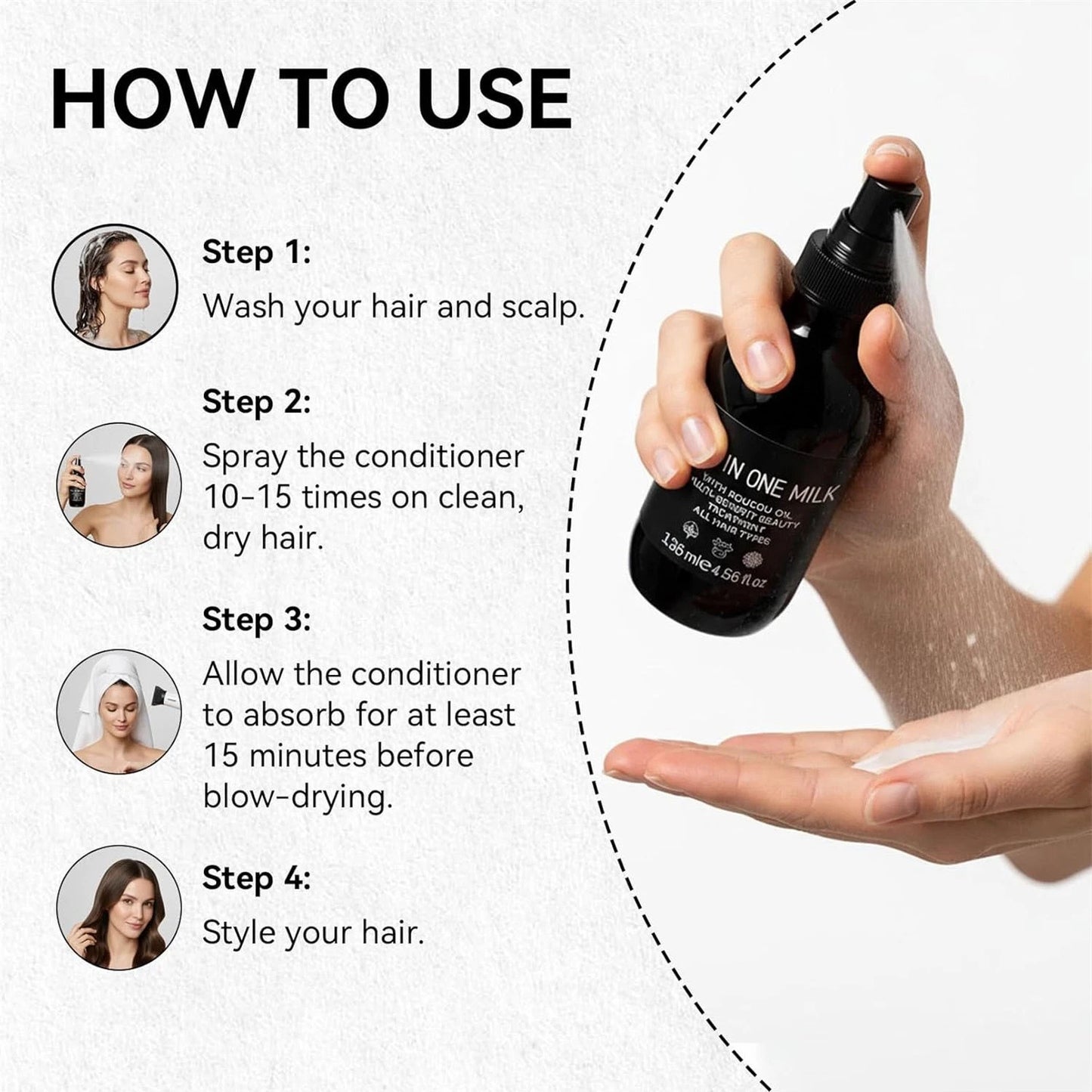 135ml Milk Hair Spray for detangling, moisturizing and caring for dry damaged hair.